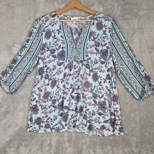 J. Jill Petite S Floral Tunic blouse with V-neck, long sleeves, and tie detail